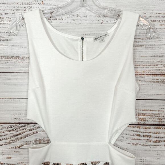 Charlotte Russe Ivory Cut Out Side Dress with Rose Gold Sequins, GUC, Small - Picture 2 of 9